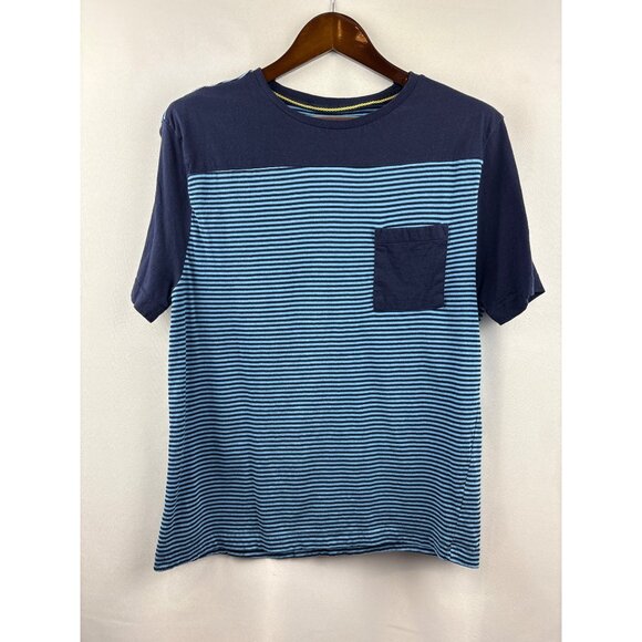 Men’s Vintage 1946 Large Blue & Navy Stripped Short Sleeve Shirt - Picture 1 of 5